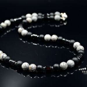 Surfer Necklace Men&#39;s Grey Jasper Necklace Black Onyx Necklace Short Gemstone Necklace Surf Jewelry Gift for Men Choker Stone Necklace