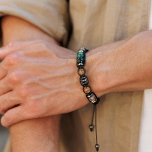 Emerald Citrine Braided Bracelet, Men&#39;s Quartz Hematite Onyx Crystal Bracelet, Gift for Men, Adjustable Stone Bracelet, Emerald Jewelry