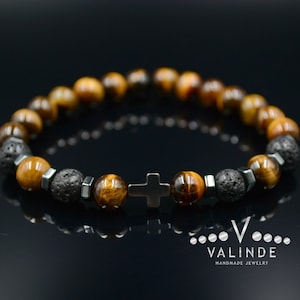Men&#39;s Cross Bracelet Tiger&#39;s eye Bracelet Stretch Bracelet Hematite Bracelet Elastic Bracelet Gift for Men Tiger Eye Bracele Lava Bracelet