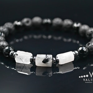Men&#39;s Rutilated Quartz Stretch Bracelet Black Agate Bead Bracelet Lava Stone Bracelet Gift for Men Elastic Bracelet Crystal Bracelet