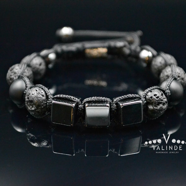 Bracelet en hématite magnétique pour homme Bracelet en pierre de lave Bracelet en onyx Bracelet en perles de cube Bracelet en macramé réglable Cadeau pour homme