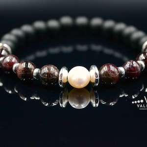 Garnet Pearl Stretch Bracelet Men&#39;s Gemstone Bracelet Silver Hematite Bracelet Jewelry Gifts Onyx Beads Bracelet Gift for Husband Men&#39;s Gift