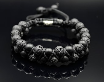 Men's Double Bracelet Black Bracelet Lava Stone Bracelet Gemstone Bracelet Onyx Bracelet Macrame Bracelet Beaded Bracelet Black Bracelet