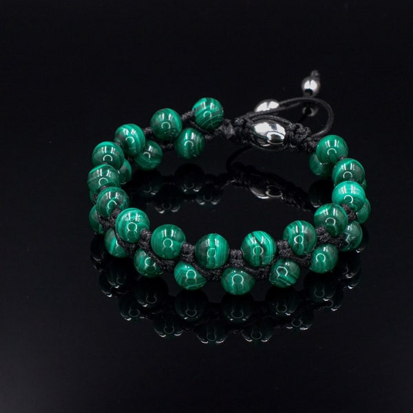Bracelet en malachite authentique pour homme - Bracelet en macramé en pierre précieuse pour hommes - Bracelet en perles de malachite réglable - Bracelet en pierre
