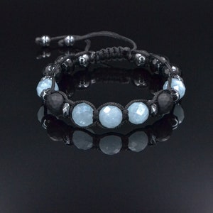Aquamarine Braided Bracelet, Men&#39;s Black Onyx Gemstone Bracelet,Gift for Men,Adjustable Macrame Crystal Bracelet,Christmas Gift,Gift for Him
