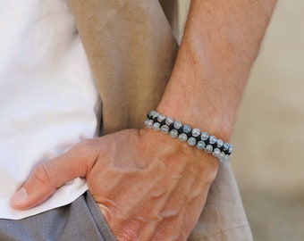 Men's Genuine Aquamarine Bracelet, Double Row Adjustable Bracelet, Steel Beaded Bracelet, Gift for Men, Crystal Two Row Braided Bracelet