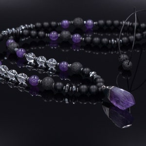 Men&#39;s Amethyst Adjustable Necklace - Raw Crystal Pendant Necklace - Black Onyx Lava Stone Necklace - Long Beaded Necklace - Gift for Men