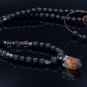 Raw Quartz Pendant Necklace - Men&#39;s Long Beaded Crystal Necklace - Black Onyx Necklace - Gift for Men - Smoky Quartz Necklace for Men
