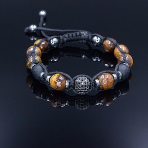 Tiger&#39;s Eye Bracelet Men - Men&#39;s Black Onyx Adjustable Bracelet - Gift for Men - Tiger Eye Hematite Crystal Braided Bracelet - Gift for Him