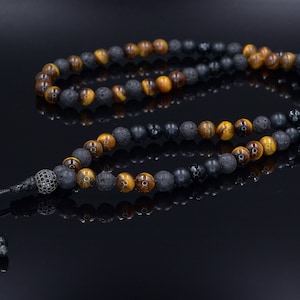 Men&#39;s Tiger&#39;s Eye Long Necklace Black Onyx Cubic Zirconia Necklace Gemstone Beaded Necklace Gift for Men Agate Lava Stone Necklace For Men