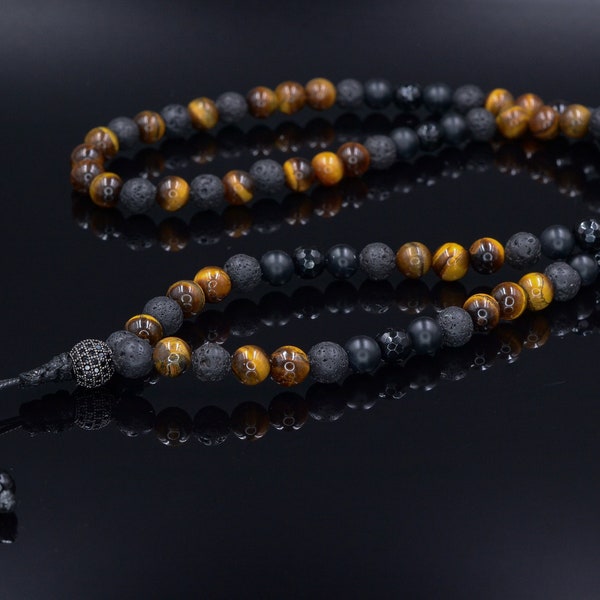 Collier Long Oeil de Tigre Homme Noir Onyx Cubique Zircone Collier Perles Pierres Précieuses Cadeau pour Hommes Agate Lava Stone Collier Pour Hommes