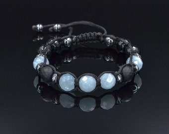 Aquamarine Braided Bracelet, Men's Black Onyx Gemstone Bracelet,Gift for Men,Adjustable Macrame Crystal Bracelet,Christmas Gift,Gift for Him