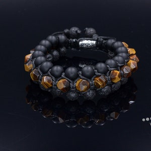 Faceted Tiger&#39;s Eye Triple Bracelet Onyx Lava Stone Bracelet 3 Row Raw Beads Bracelet Black Stone Bracelet Macrame Bracelet Gift for Men