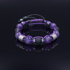 Men&#39;s Amethyst and Black Onyx Beaded Bracelet - Gift for Men - Adjustable Crystal Bracelet - Father&#39;s Day Gift - Macrame Braided Bracelet