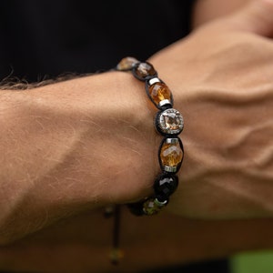 Natürliches Citrin Armband Männer, Herren 925 Silber Perlenarmband, Rauchquarz Armband, Jubiläumsgeschenk, Geschenk für Männer, verstellbares Armband