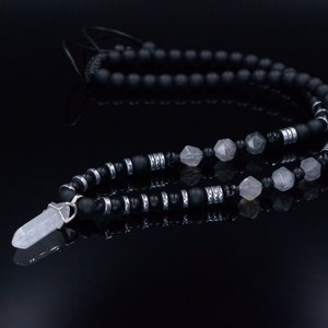 Men&#39;s Quartz Pendant Necklace - Long Crystal Beaded Necklace - Black Onyx Hematite Necklace - Gift for Men - Adjustable Necklace for Men