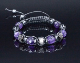 Amethyst Crystal Bracelet - Men's Purple Amethyst Agate Hematite Braided Bracelet - Zirconia Beads Adjustable Bracelet - Gift for Men