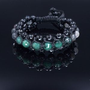 Men&#39;s Emerald Triple Bracelet - Three Row Bracelet - Quartz & Agate Bead Bracelet - Gift for Men - Father&#39;s Day Gift - Adjustable Bracelet