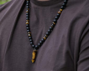 Men's Tigers Eye Pendant Necklace, Black Onyx Hematite Beaded Necklace, Protection Crystal Point Jewelry, Healing Stone Gift for Husband