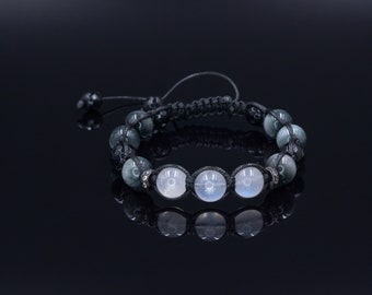 Moonstone Bracelet Men - Hawk's Eye and Agate Crystal Bracelet - Gift for Men -  Stone Adjustable Macrame Bracelet - Father's Day Gift
