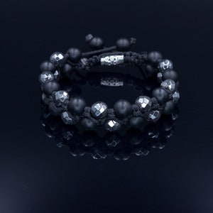 Men's Grey Hematite Bracelet Double Row Macrame Bracelet Black Onyx Beaded Bracelet Stone Bracelet Adjustable Bracelet Gift for Men