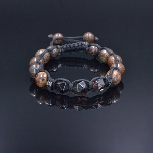 Bracciale intrecciato in bronzite da uomo, bracciale regolabile in pietra preziosa di quarzo fumé, regalo per uomo, bracciale con perline di cristallo, bracciale in pietra marrone