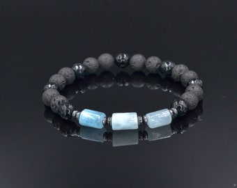 Bracciale elastico da uomo in acquamarina, bracciale con perline in agata lavica nera, bracciale estivo elastico, regalo per uomo, regalo di compleanno per lui