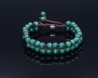 Malachite Minimalist Bracelet - Men's Double Row Adjustable Bracelet - Christmas Gift Men - Two Row Macrame Bracelet - Gemstone Bracelet