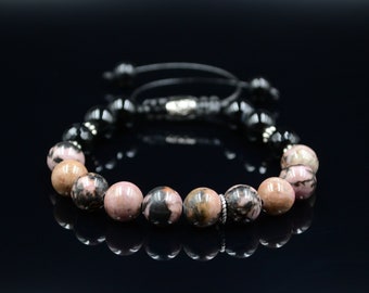 Rhodonite Bracelet Pink Stone Bracelet Rhodonite Crystal Black Agate Bracelet Gift for Her Rhodonite Jewelry Crystal Bracelet Gifts for Wife