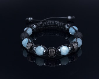 Natural Aquamarine Bracelet for Men - Zirconia Beads Bracelet - Gift for Men - Adjustable Crystal Bracelet - Men's Gemstone Bracelet