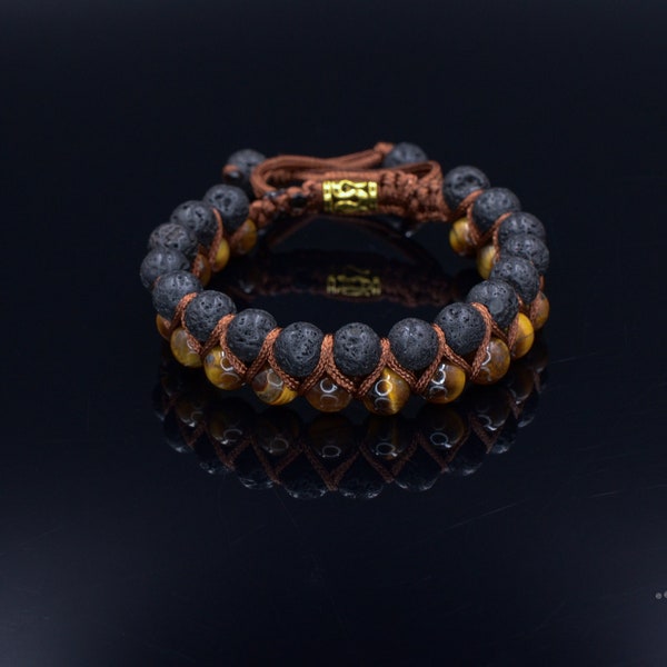 Bracelet homme pierre de lave Bracelet double rang Bracelet oeil de tigre Bracelet macramé Bracelet réglable Cadeau pour homme Bracelet oeil de tigre