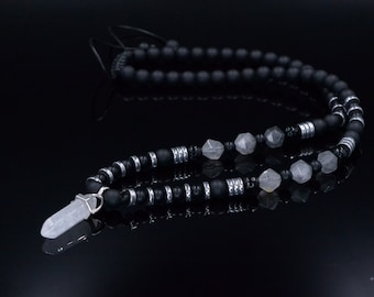 Men's Quartz Pendant Necklace - Long Crystal Beaded Necklace - Black Onyx Hematite Necklace - Gift for Men - Adjustable Necklace for Men