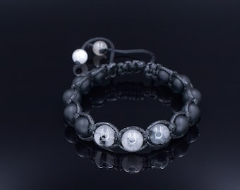 Pulsera de cuarzo rutilado para hombre - Pulsera de macramé ajustable - Pulsera trenzada de ónix negro para hombre - Regalo para hombre - Pulsera de cuentas de cristal