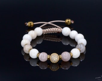 Women's Pearl Beaded Bracelet - Sunstone Crystal Bracelet - Gift for Women- Adjustable Macrame Bracelet - CZ Bracelet - Mother's Day Gift