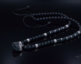 Raw Tourmaline Pendant Necklace for Men - Men's Black Onyx Necklace - Long  Crystal Necklae - Steel Beads Adjustable Necklace - Gift for Men