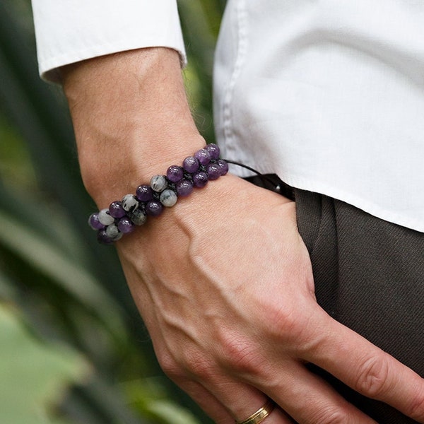 Echter Amethyst Rutilquarz Armband, Herren Zweireihiges verstellbares Armband, Makramee Zweireihiges Armband, Edelstein Perlen Armband