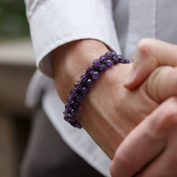 Bracelet en améthyste véritable - Bracelet en perles de cristal à double rangée pour homme - Cadeau pour homme - Bracelet tressé en améthyste violet - Cadeau d'anniversaire