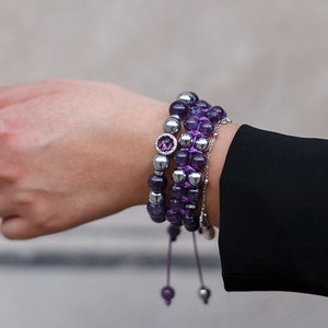 Women's Genuine Amethyst Bracelet Set - 925 Silver Bead Bracelet - Hematite Bracelet - Gift for Woman - Adjustable Crystal Bracelet