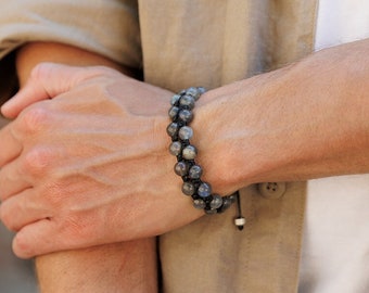 Genuine Labradorite Bracelet, Men's Double Row Macrame Braided Bracelet, Steel Bead Bracelet, Gift for Men, Crystal Adjustable Bracelet