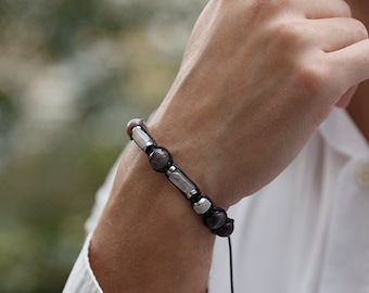 Botswana Agate Bracelet - Men's Labradorite Steel Beads Bracelet - Adjustable Crystal Bracelet - Gift for Men - Braided Bracelet for Men