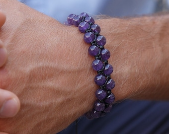 Herren Amethyst Makramee Armband - Kristall Zweireihiges Armband - Geschenk für Männer - Verstellbares Doppelarmband - Weihnachtsgeschenk - Stein Armband