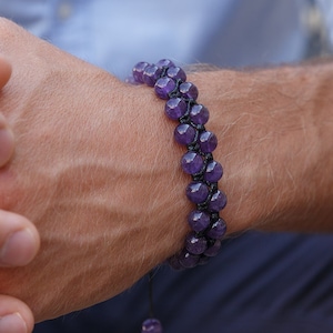 Men&#39;s Amethyst Macrame Bracelet - Crystal Double Row Bracelet - Gift for Men - Adjustable Double Bracelet - Christmas Gift- Stone Bracelet