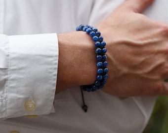 Genuine Kyanite Bracelet- Men's Double Row Adjustable Bracelet - Blue Kyanite Crystal Bracelet - Gift for Men - Double Macrame Bracelet