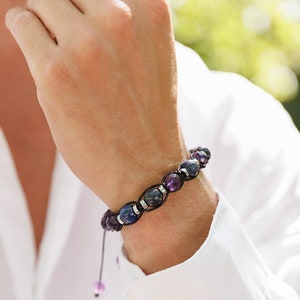 Genuine Sapphire Bracelet, Adjustable Amethyst Kyanite Beaded Bracelet, Men&#39;s Crystal Bracelet, Gift for Men, Blue Stone Macrame Bracelet