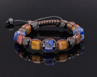 Men's Lapis Lazuli Jasper Bracelet, Hematite Stainless Steel Beaded Bracelet, Protection Boho Jewelry, Tribal Stone Gift for Husband