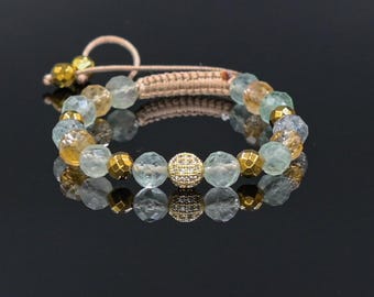 Dainty Citrine Fluorite Bracelet 8 mm, Delicate Women's Beaded Bracelet, Hematite Cubic Zirconia Jewelry, Healing Crystal Gift for Her