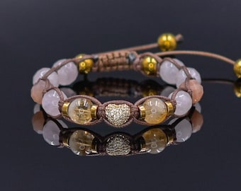 Women's Beaded Bracelet, Rose Quartz Sunstone Citrine Bracelet, Love Healing Crystal Jewelry, Heart Charm Adjustable Gift for Her