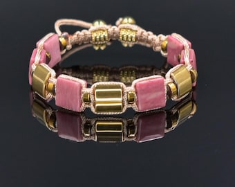 Square Beads Rhodonite and Gold Hematite Women's Bracelet, Elegant Pink Crystal Macrame Wristband, Delicate Gemstone Jewelry Gift for Her