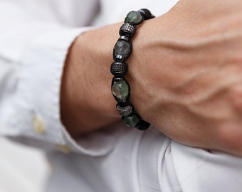 Fluorite Crystal Bracelet for Men - Men's Onyx  Hematite Beaded Bracelet - Gift for Men - Adjustable CZ Braided Bracelet - Macrame Bracelet