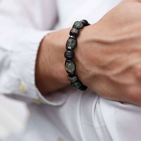 Bracelet en cristal de fluorite pour homme - Bracelet en perles d'hématite Onyx pour homme - Cadeau pour homme - Bracelet tressé CZ réglable - Bracelet en macramé